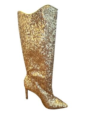 Free People Vicenza Gold Sequin Knee High Stiletto Boots Size 8